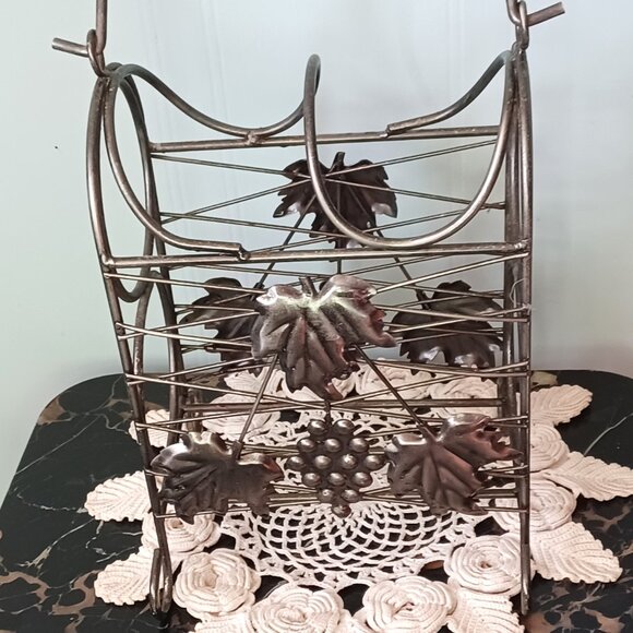 Silver Metal 2 Bottle Tabletop Wine Rack with Grapes & Leaves and Handle - Picture 4 of 8